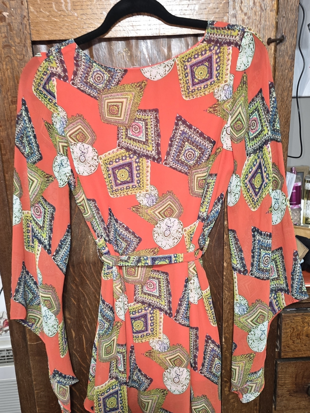 Coral Geometric Print Long Sleeve Dress with Tie Waist